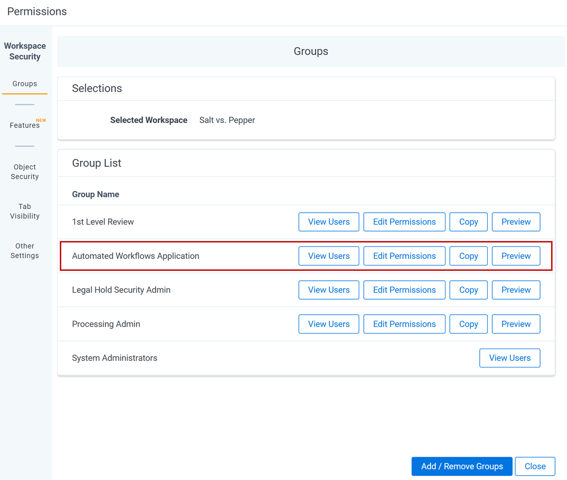 The Automated Workflows Application permission group is highlighted.