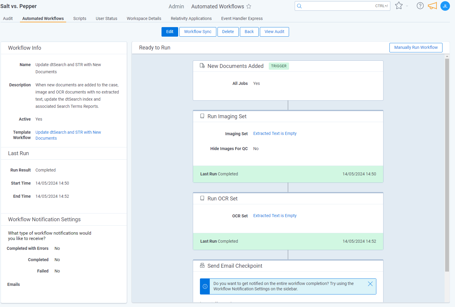 An example of an automated workflow that has a trigger and several actions selected.