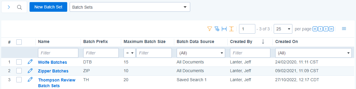 The Batch Sets tab with a few sample sets in the list.