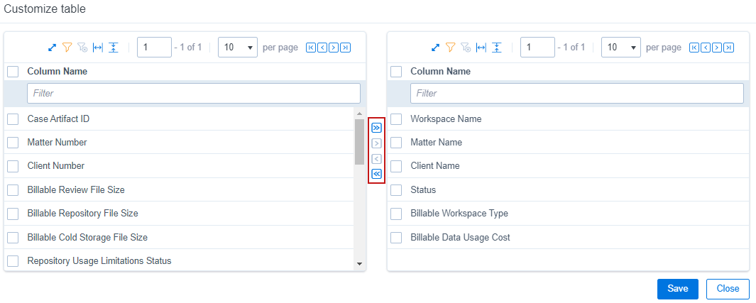 Customize table window