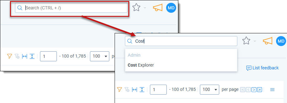 Example of entering a report name in the Search bar and selecting one of the results