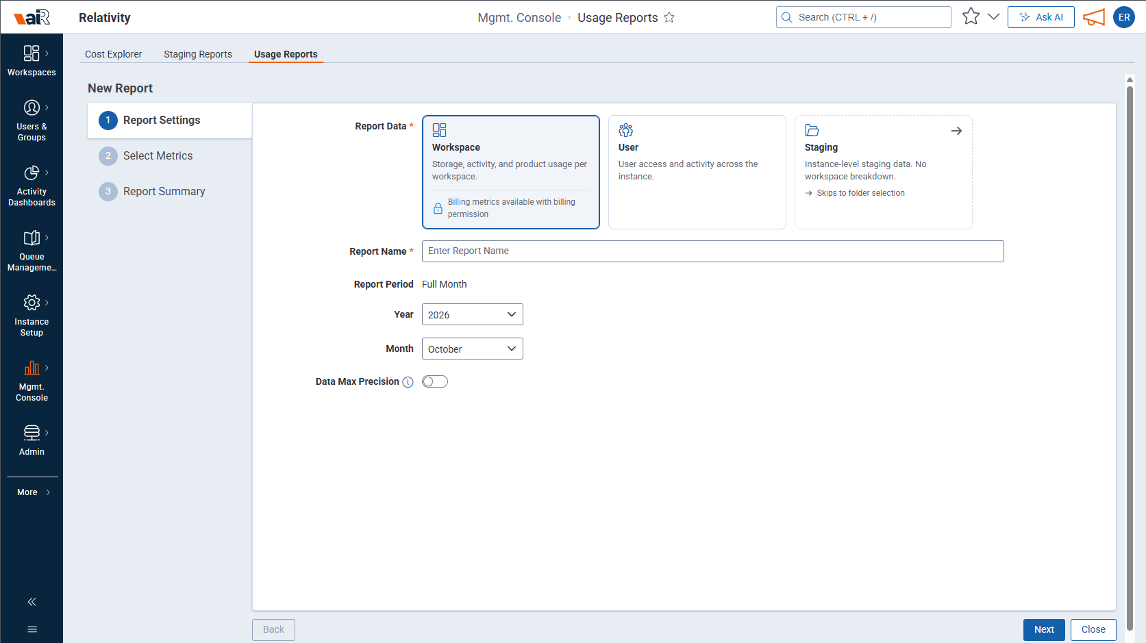 Report Settings step of a new Usage Report
