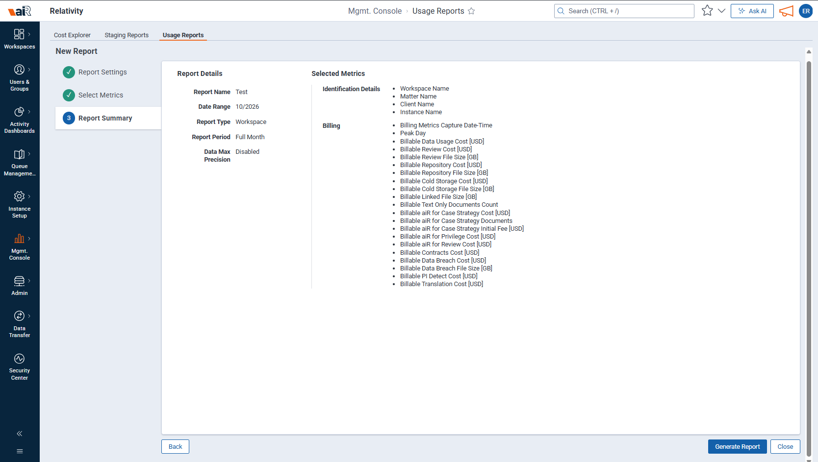 Report Summary step showing Report Details and Selected Metrics