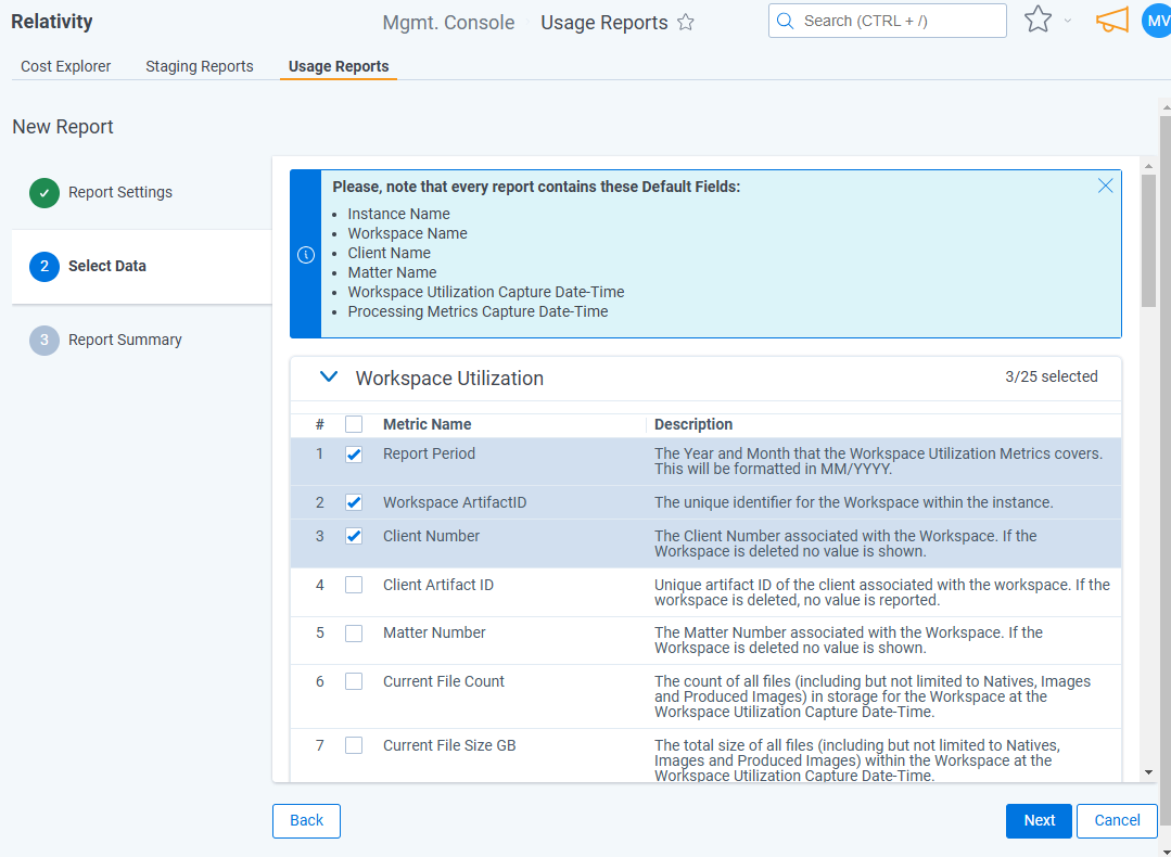 Select Data tab of Usage Reports