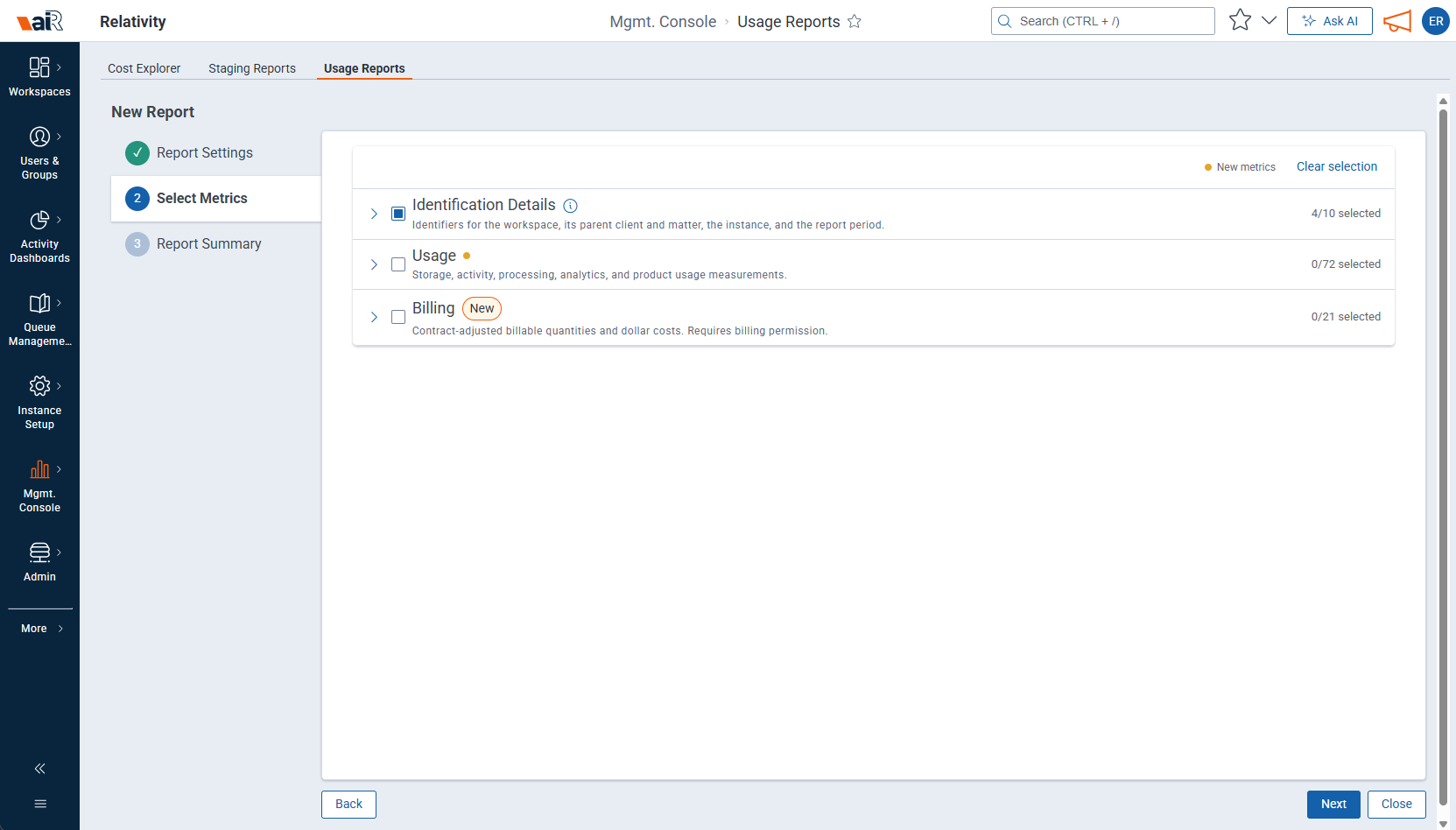 Select Metrics step showing the Identification Details, Usage, and Billing groups