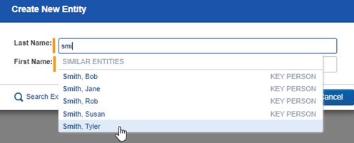 Create new entity with auto complete