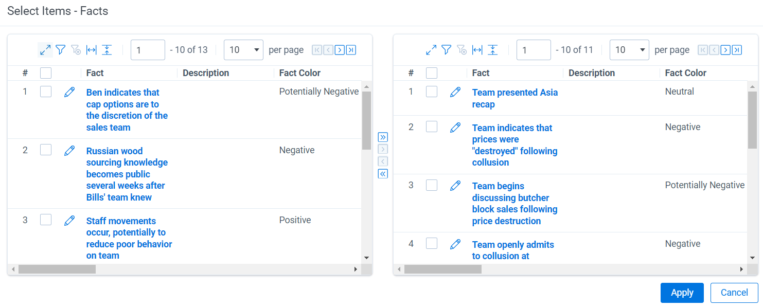 The Select Items - Fact modal