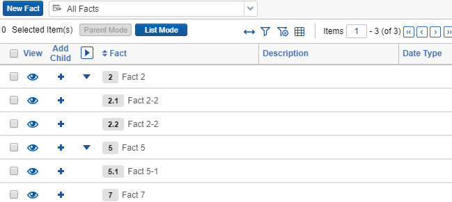 The Facts tab with a number of facts displayed in the list.
