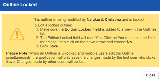The Outline Locked warning message.