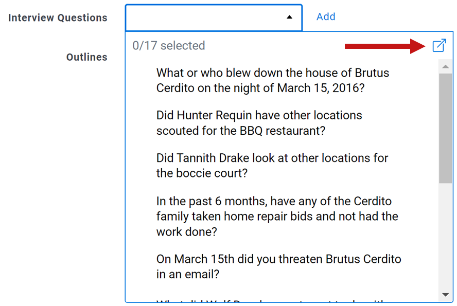 The Interview Questions drop-down menu is expanded and the Open list picker icon is highlighted.