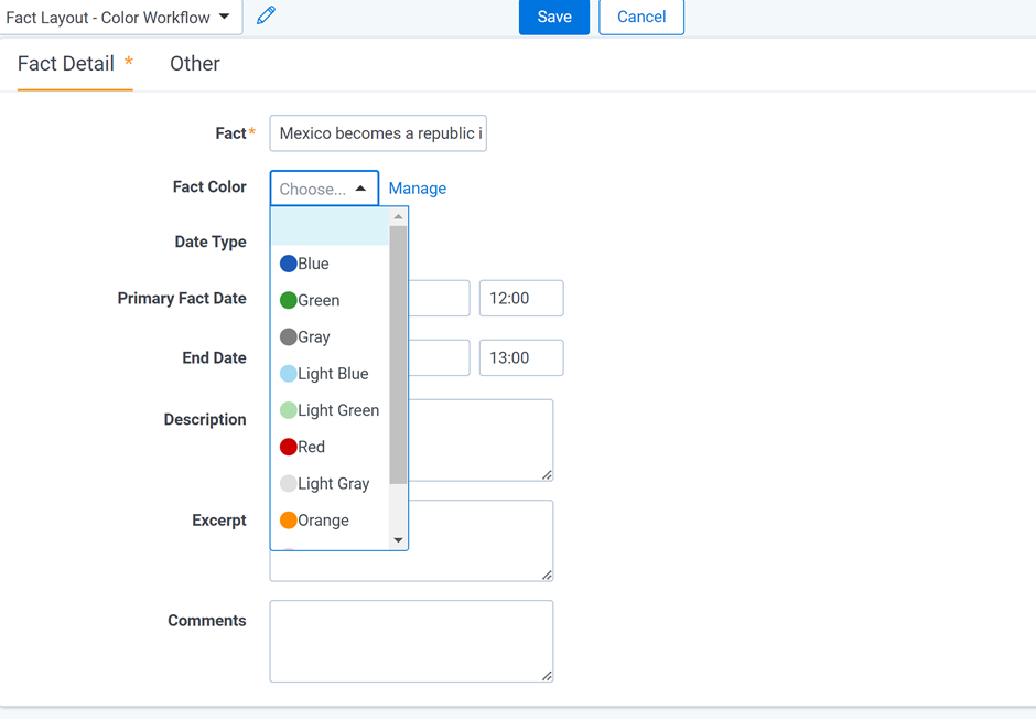 The New Fact pop-up with the Fact Layout - Color Workflow layout selected so that the Fact Color field displays.