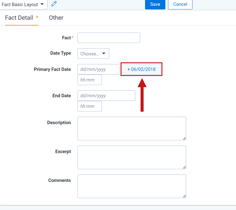 The Fact Detail sections displays with the Date Suggestion field highlighted next to Primary Fact Date.