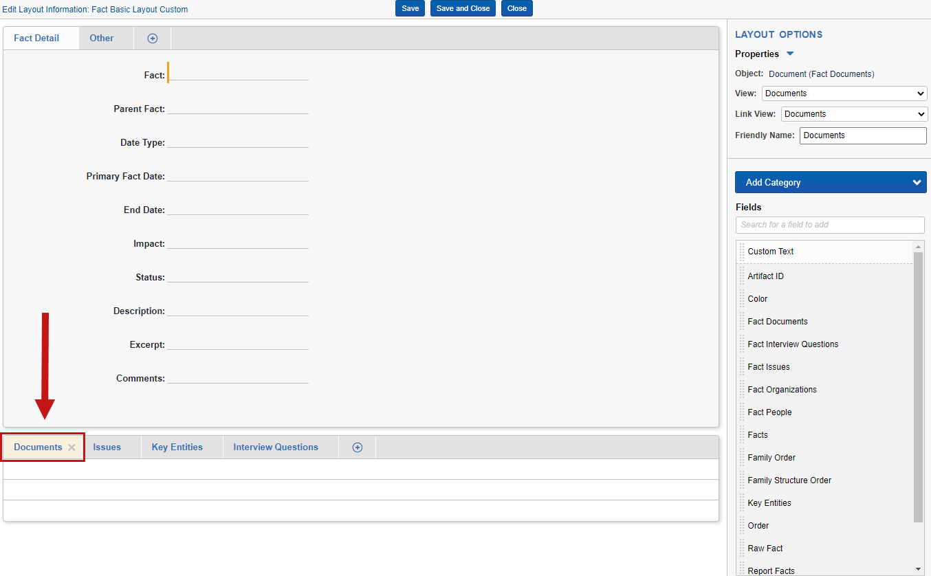 The Documents object is highlighted on the layout that is being edited.