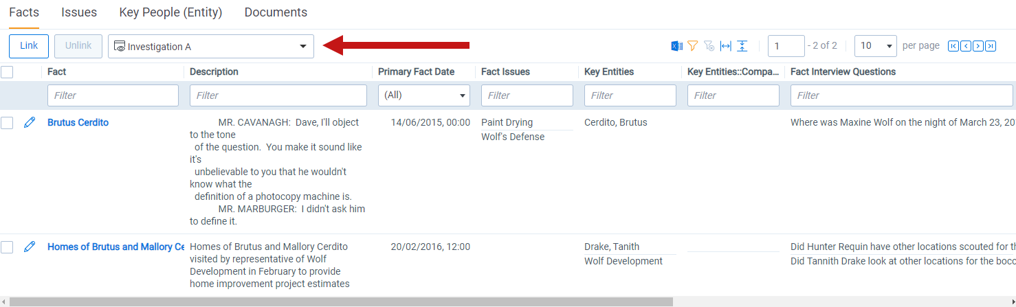 The objects section with Facts open. The view drop-down menu is highlighted.