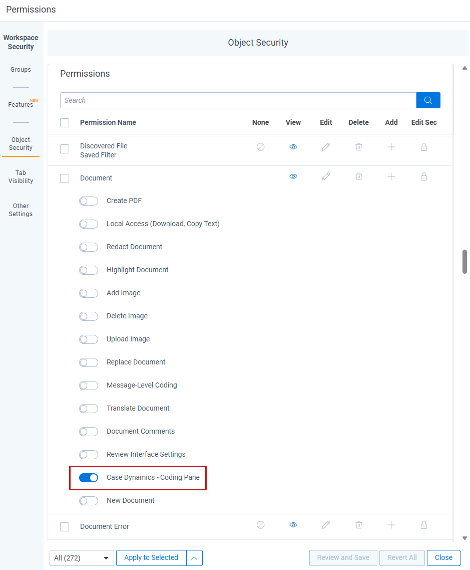 The Case Dynamics - Coding Pane option is highlighted in the Documents permissions.