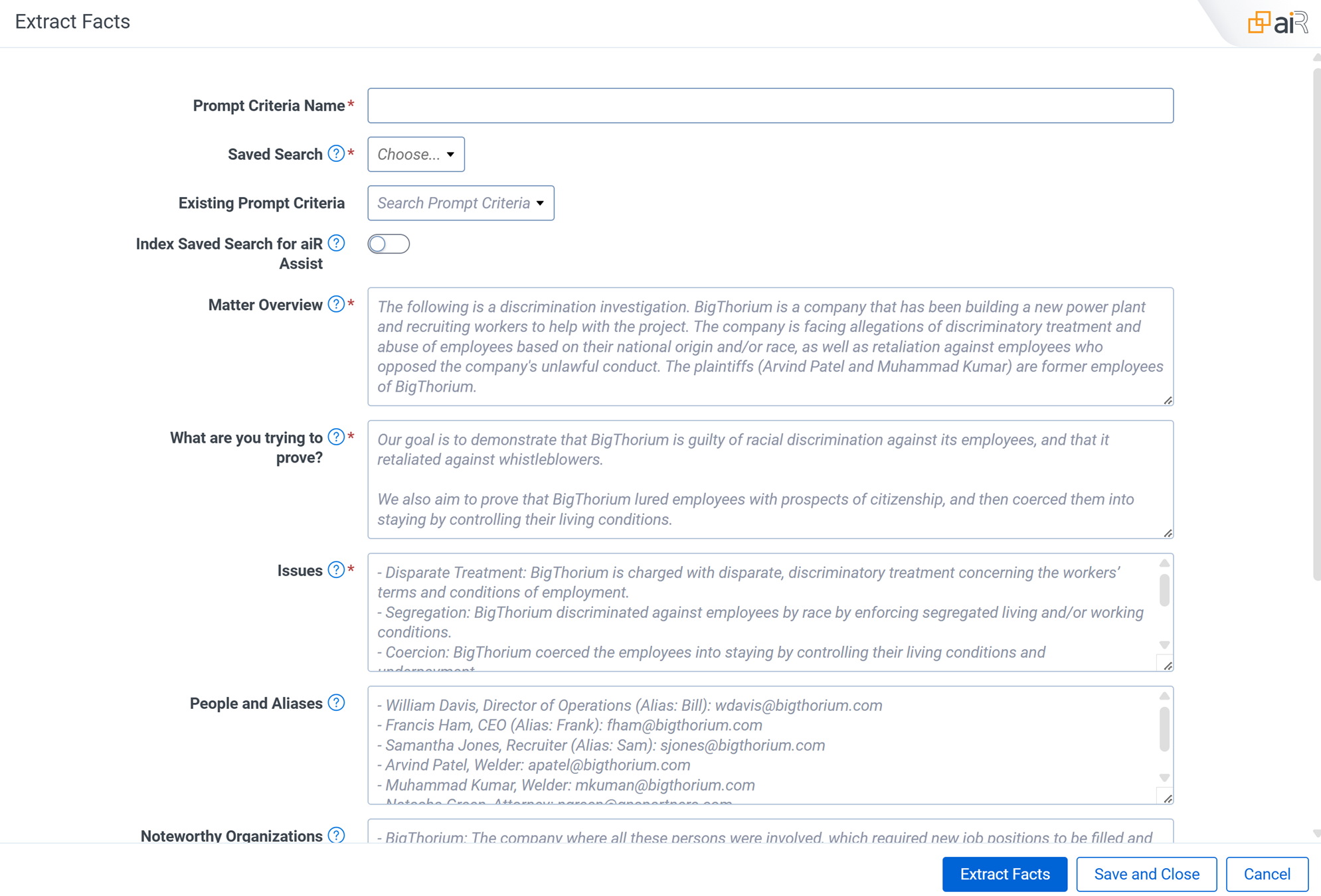 The Extract Facts modal