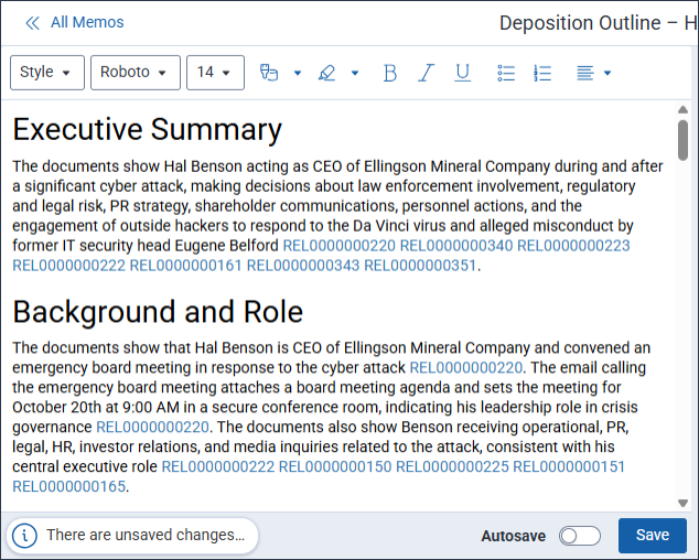 A memo with unsaved changes is open in the text editor.