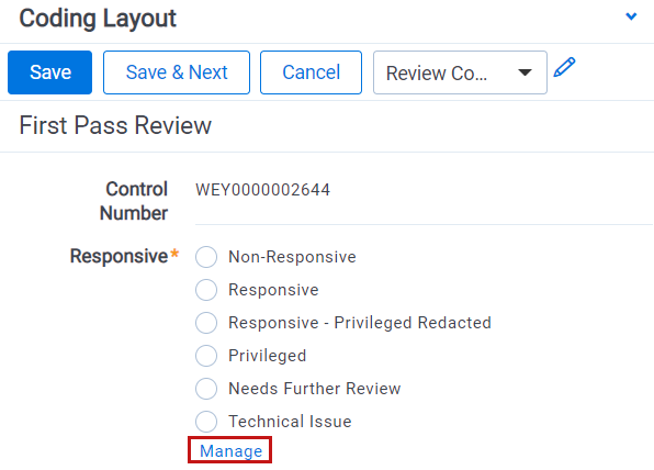 The Coding Layout with the Manage link highlighted.