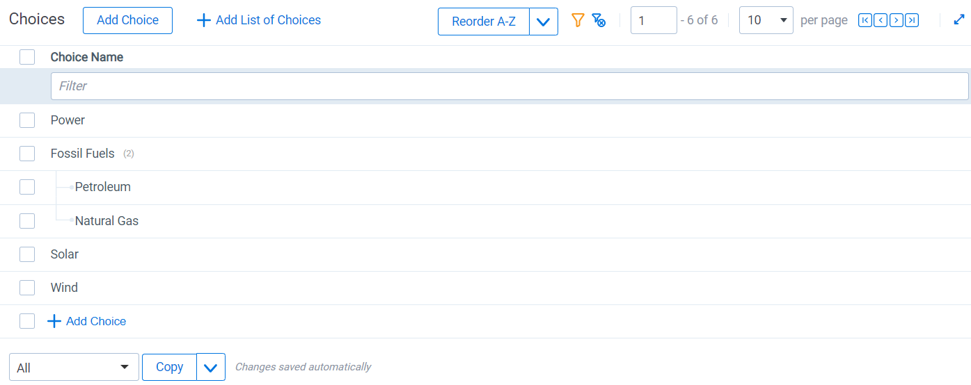 Some choices have been nested within the Choices section