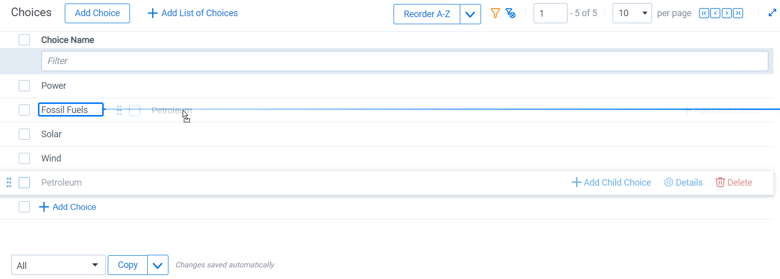 The blue bar displays in the row of a choice that is about to be nested.