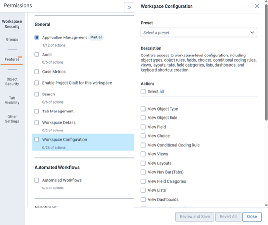 Workspace Security Features tab showing Workspace Configuration option with its corresponding Actions list