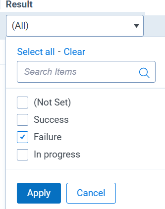 Filtering the results column for failures only.