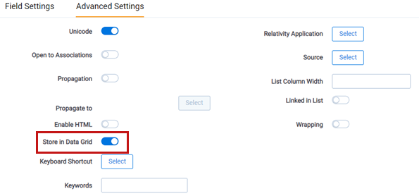 This image shows the toggle control to enable data grid extracted text in a workspace