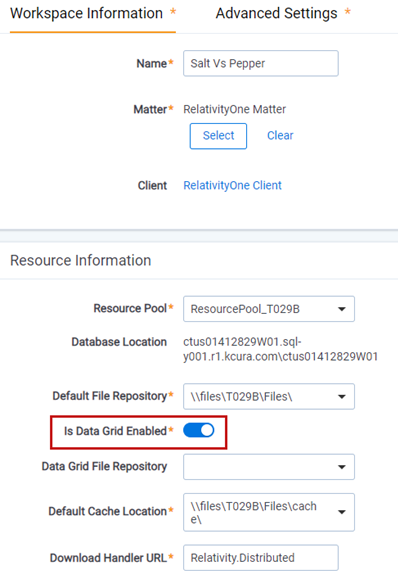 This image shows the toggle control to enable data grid within a workspace