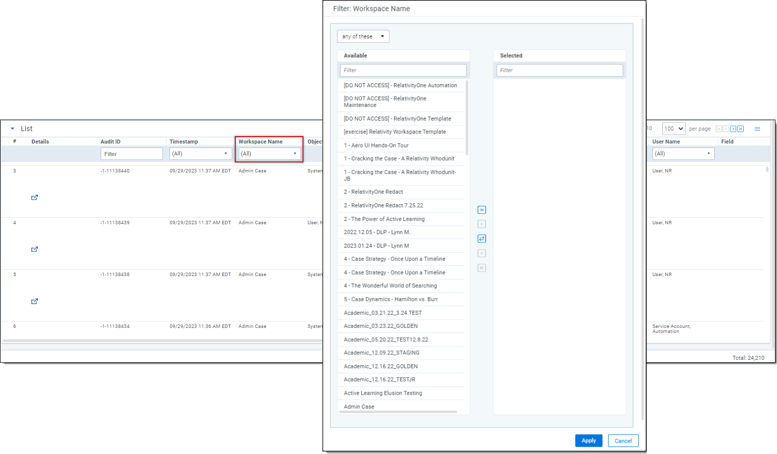 Filtering on multi-workspace audits