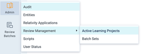 Admin tab review management sub tab active learning projects child tab