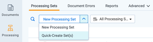 Processing sets quick create set(s) button