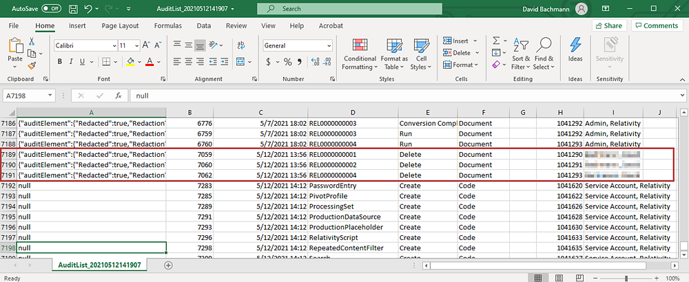 Exported audit records as they appear in Excel