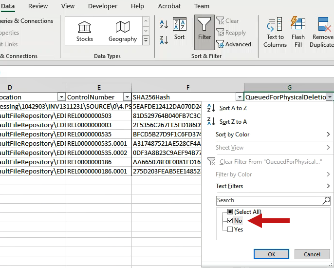 Excel filtering by deletion files