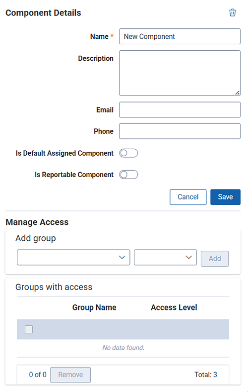 Entering component details such as name, description, and phone.