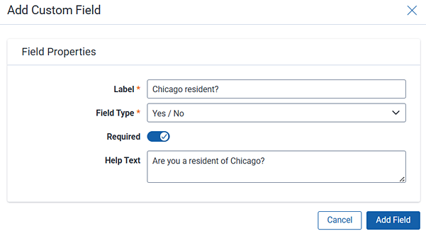Entering values for a custom field's properties such as the label, required option, and help text.