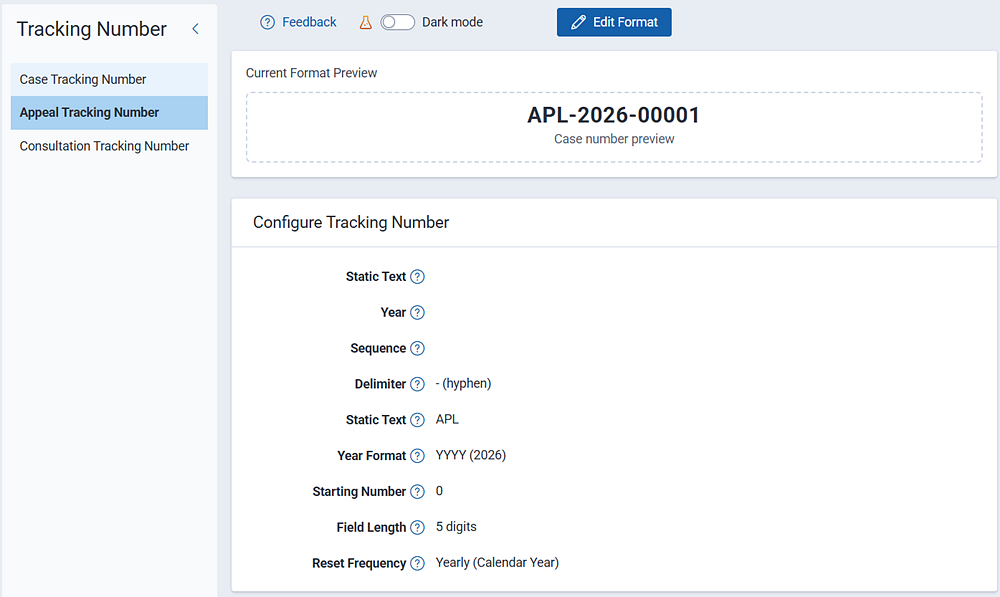 Appeal number tracking and configuration is where you set the format and behavior for appeal numbers.
