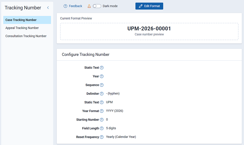 Case number tracking and configuration is where you set the format and behavior for case numbers.