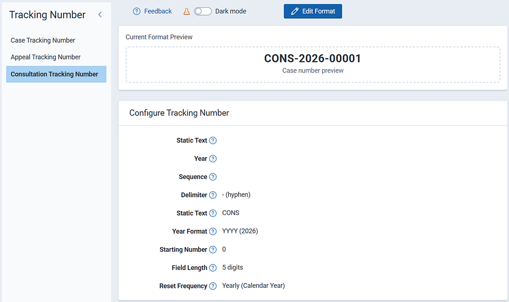 Appeal number tracking and configuration is where you set the format and behavior for appeal numbers.