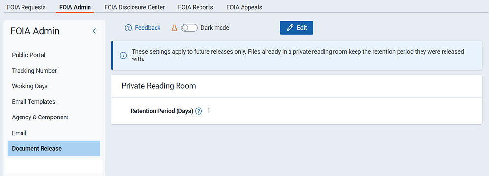 Set the number of days to retain files in a private reading room before they are deleted.