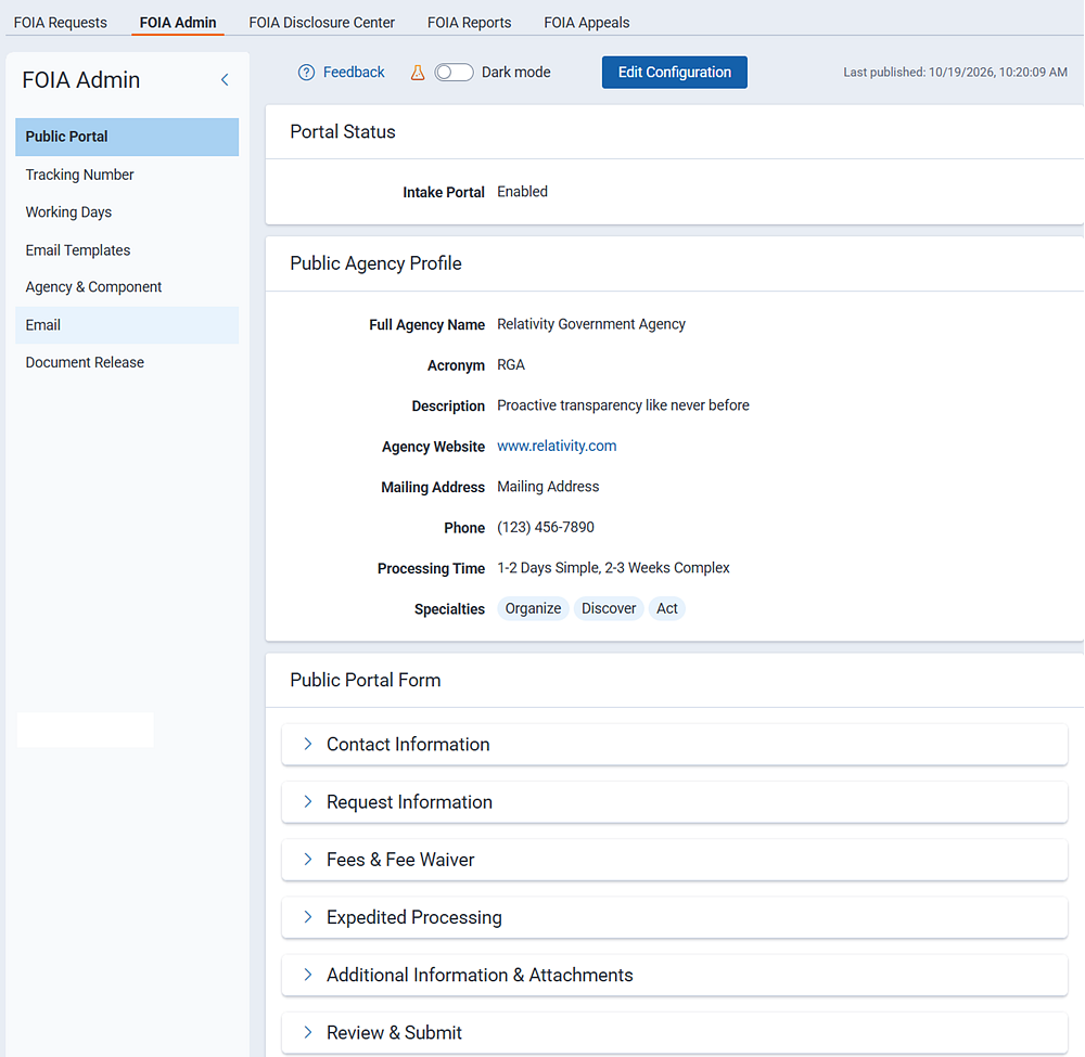 The FOIA Admin portal is where you configure agency and public portal settings and behavior.