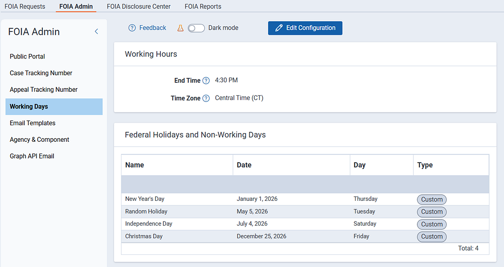 Set working days and hours. You can also add or remove holidays.