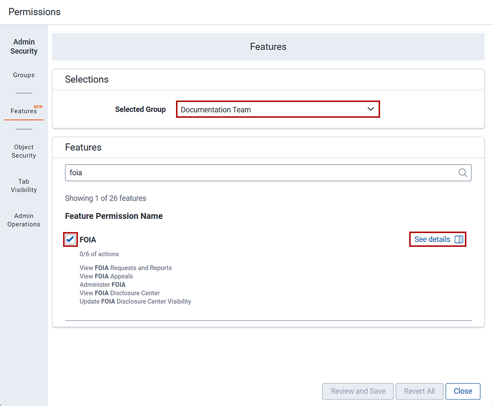The permissions screen showing foia access and foia visibility active.