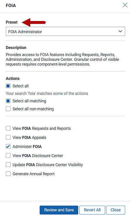 Feature permissions modal showing preset otpions and selected actions.