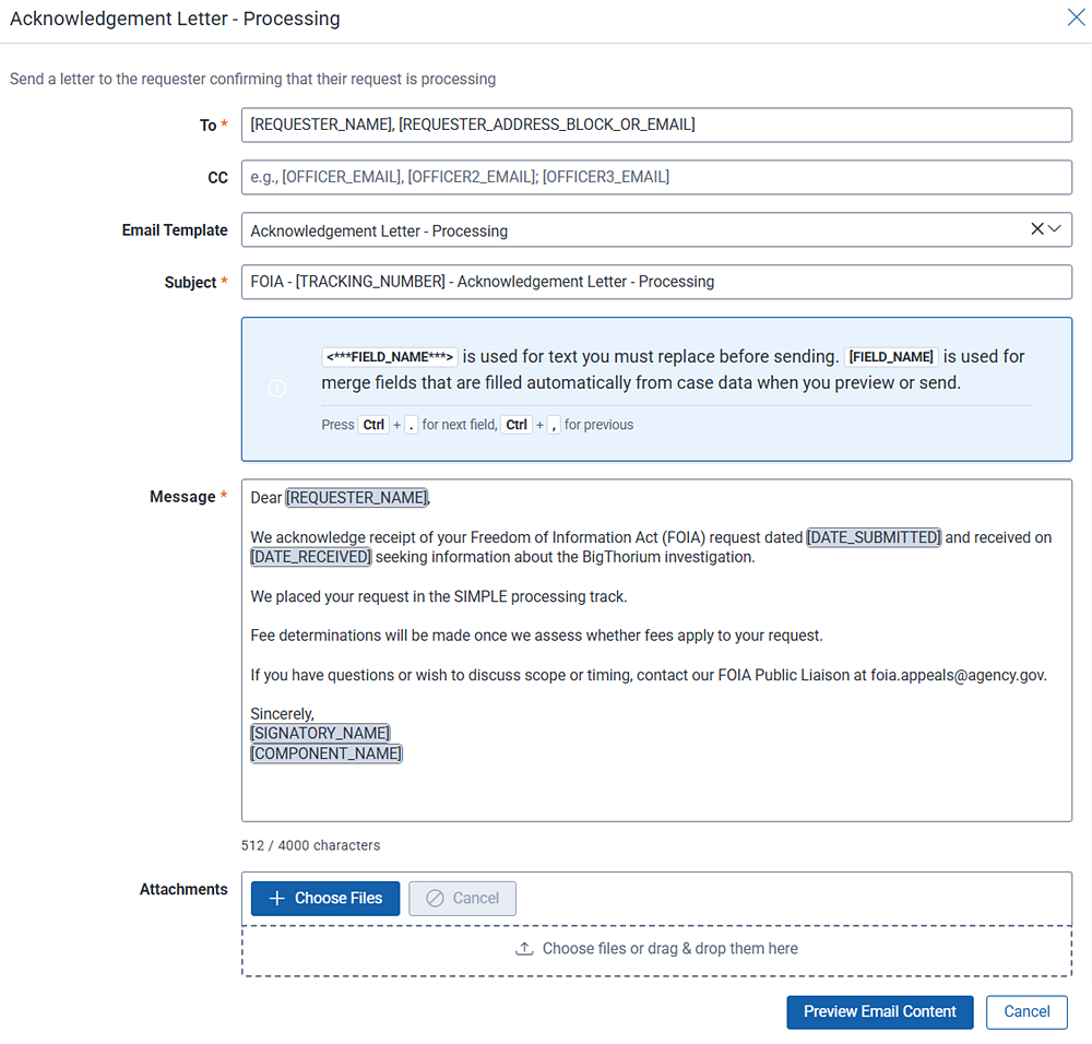 The email template for informing the requester their submittal is perfected and now ready for processing.