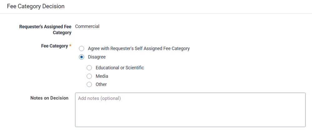 Fee category screen where you can confirm or assign a fee category.