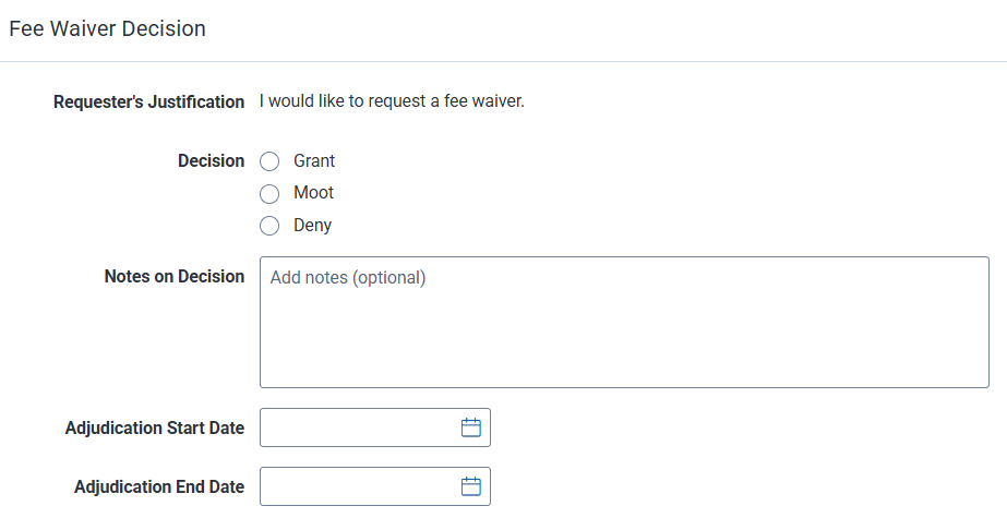Fee Waiver screen where you can grant or deny waiver requests.