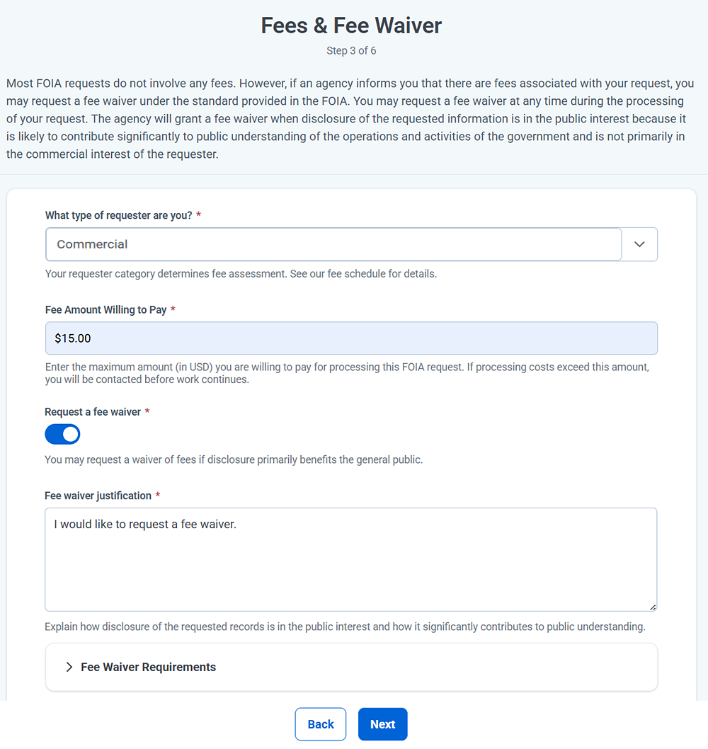 Select a fee category and enter the amount you are willing to pay. You can also request a fee waiver from this screen.