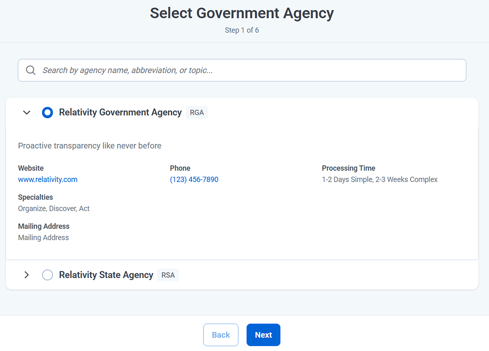 Selecting an agency for a FOIA request submission.