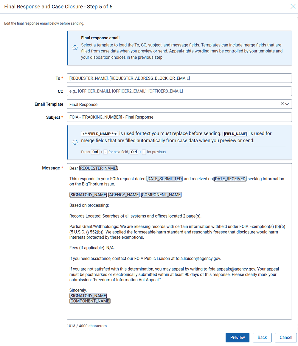 Email template to use for the final decision email to the requester.