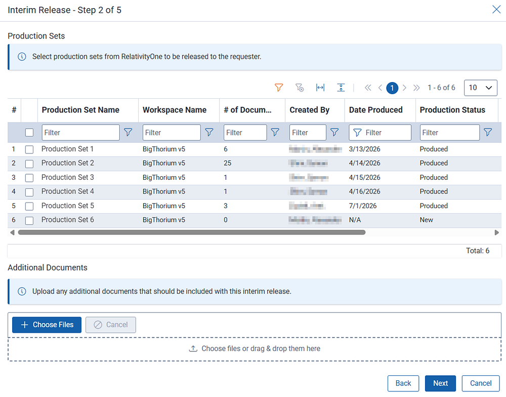 For an interim document release, select the production sets containing the documents.